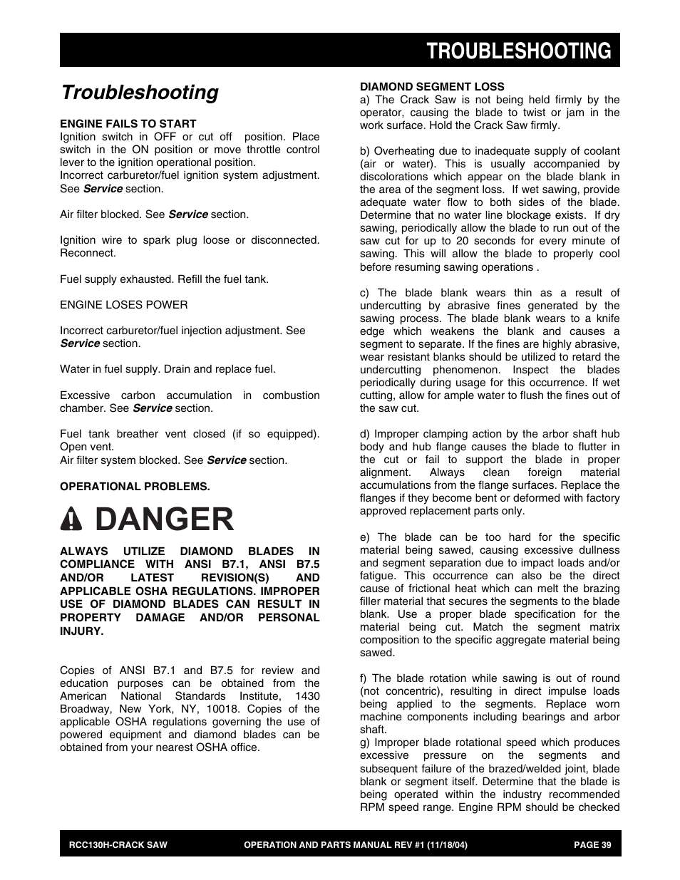 Danger, Troubleshooting | Multiquip RCC130H User Manual | Page 39 / 60