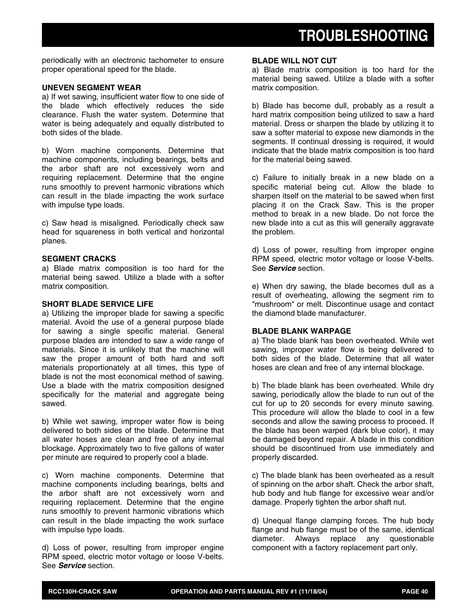 Troubleshooting | Multiquip RCC130H User Manual | Page 40 / 60