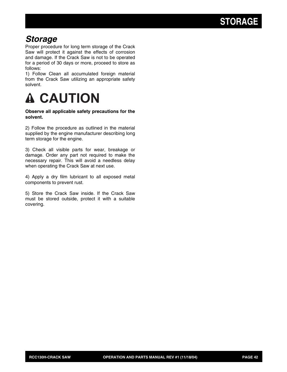 Caution, Storage | Multiquip RCC130H User Manual | Page 42 / 60