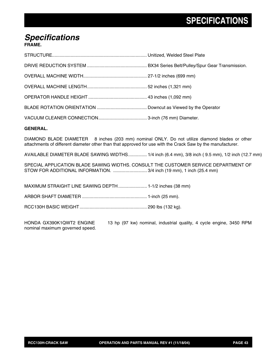 Specifications | Multiquip RCC130H User Manual | Page 43 / 60