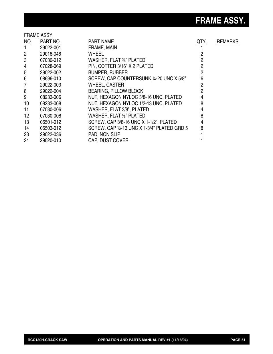 Frame assy | Multiquip RCC130H User Manual | Page 51 / 60