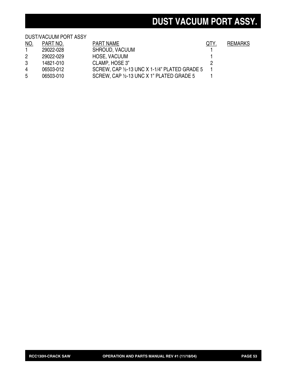 Dust vacuum port assy | Multiquip RCC130H User Manual | Page 53 / 60