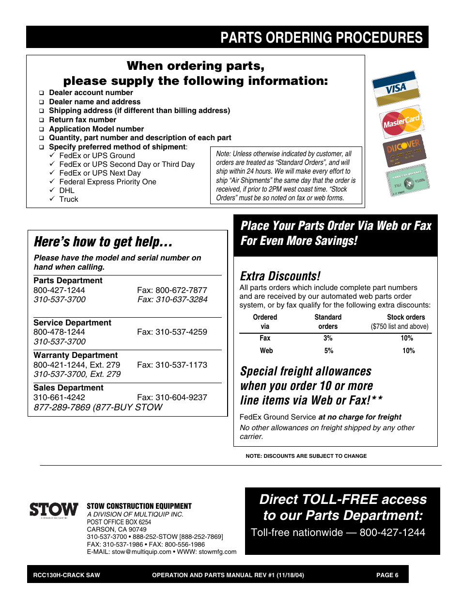Parts ordering procedures, Here’s how to get help, Direct toll-free access to our parts department | Extra discounts | Multiquip RCC130H User Manual | Page 6 / 60