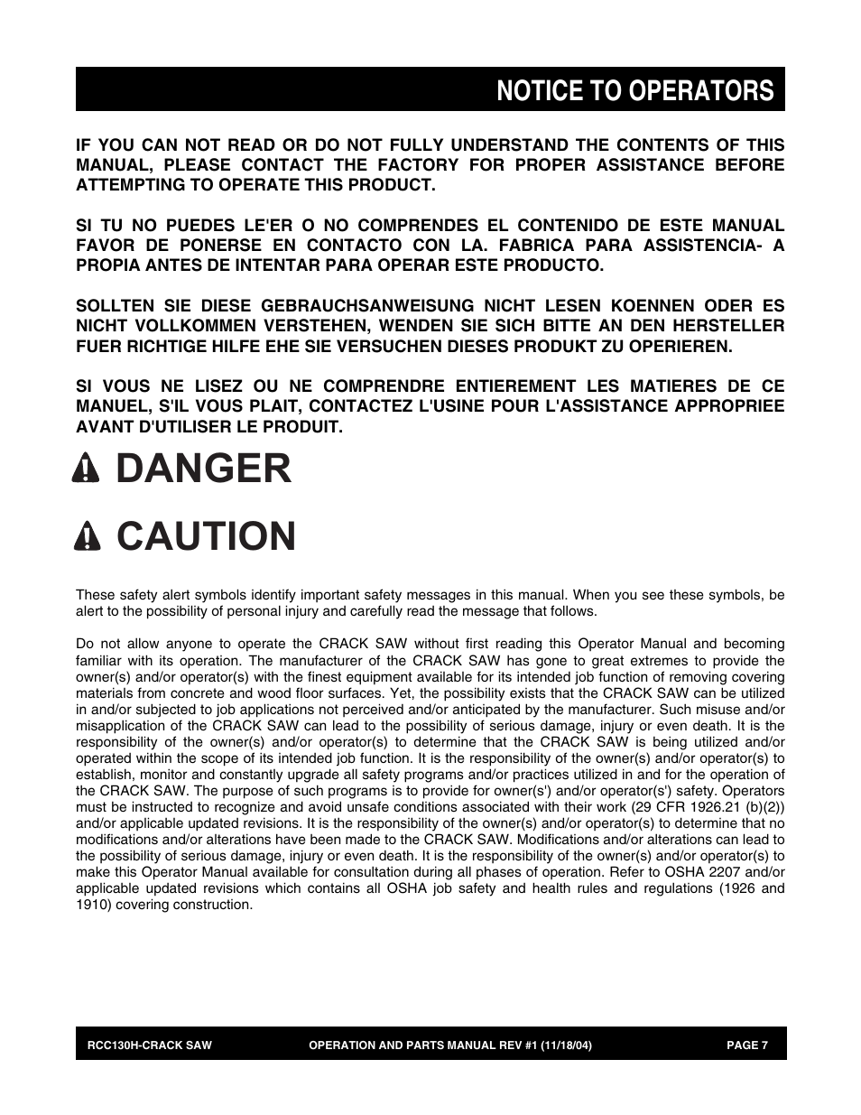 Danger, Caution, Notice to operators | Multiquip RCC130H User Manual | Page 7 / 60