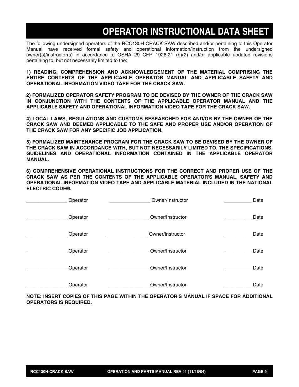 Operator instructional data sheet | Multiquip RCC130H User Manual | Page 9 / 60