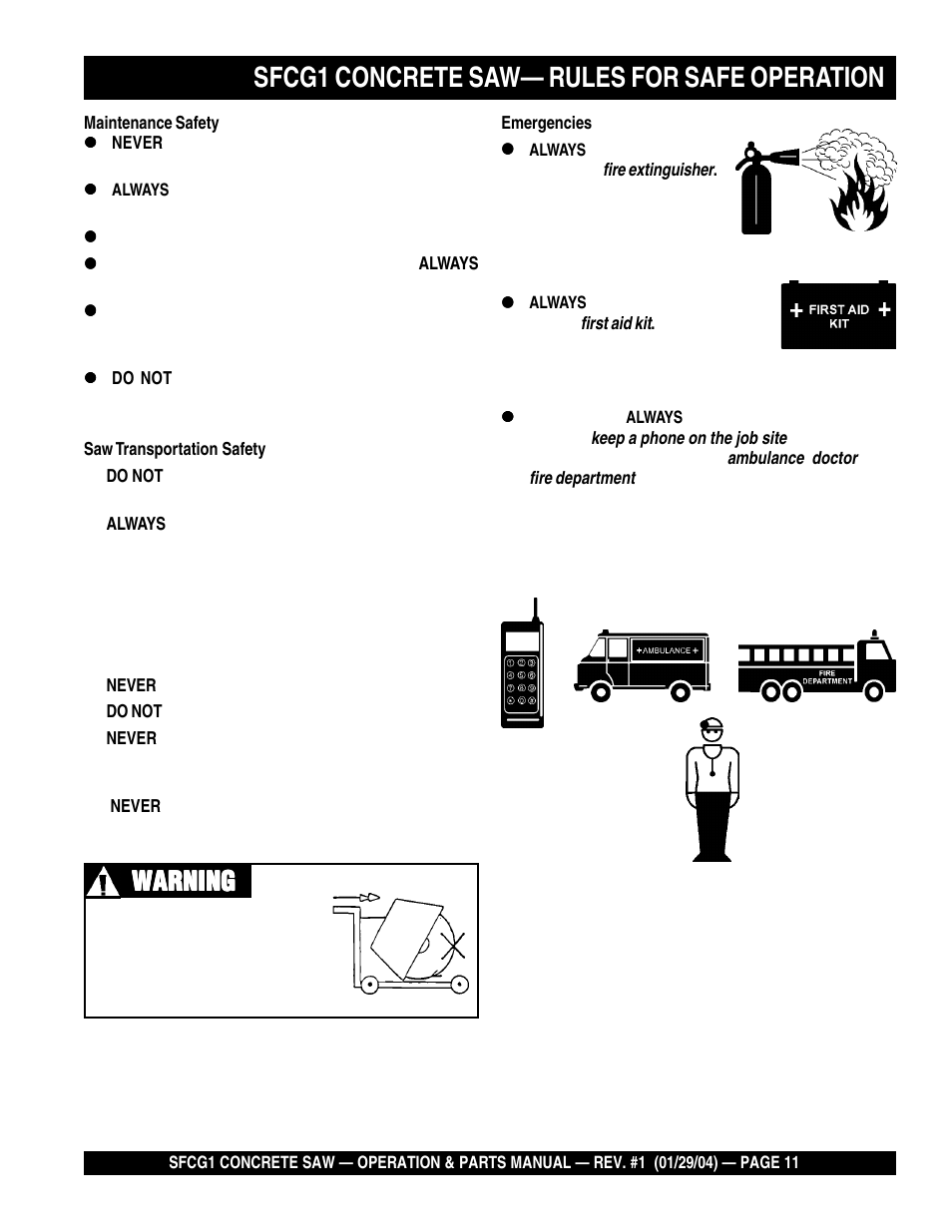 Sfcg1 concrete saw— rules for safe operation, Warning | Multiquip SFCG1 SERIES CE User Manual | Page 11 / 84
