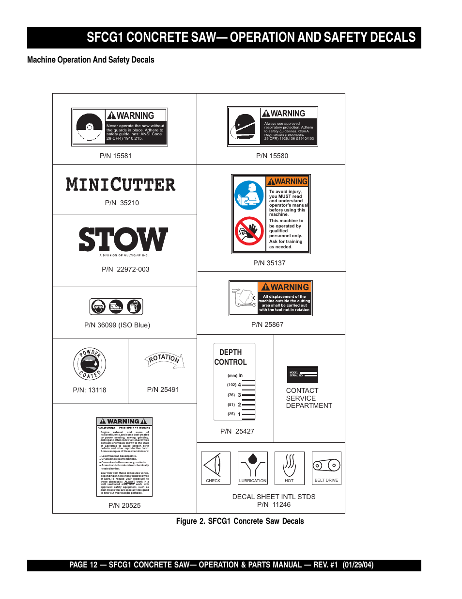 Sfcg1 concrete saw— operation and safety decals, Warning, Depth control | Multiquip SFCG1 SERIES CE User Manual | Page 12 / 84