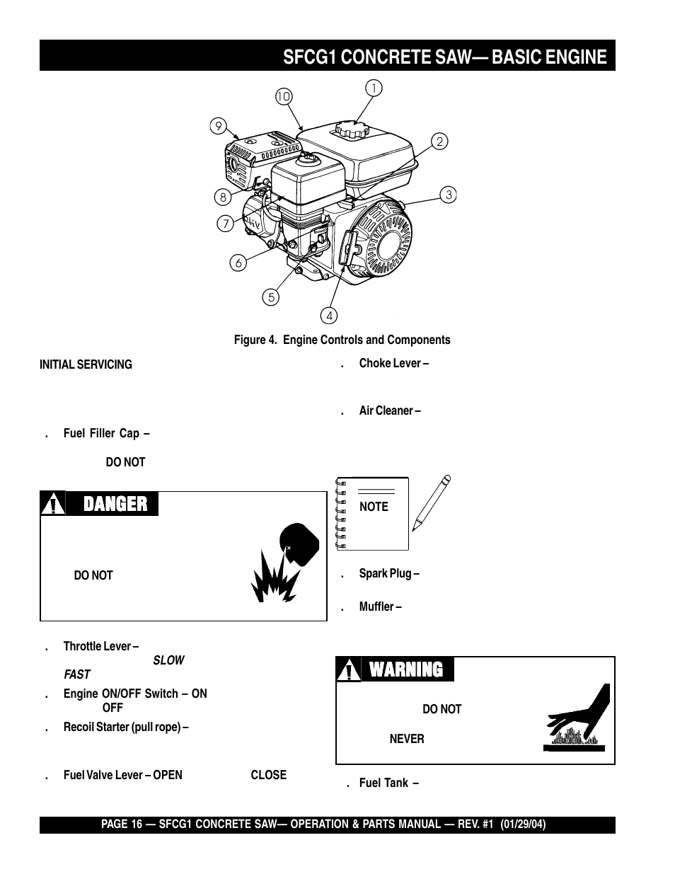 Sfcg1 concrete saw— basic engine, Danger, Danger warning warning warning warning warning | Multiquip SFCG1 SERIES CE User Manual | Page 16 / 84