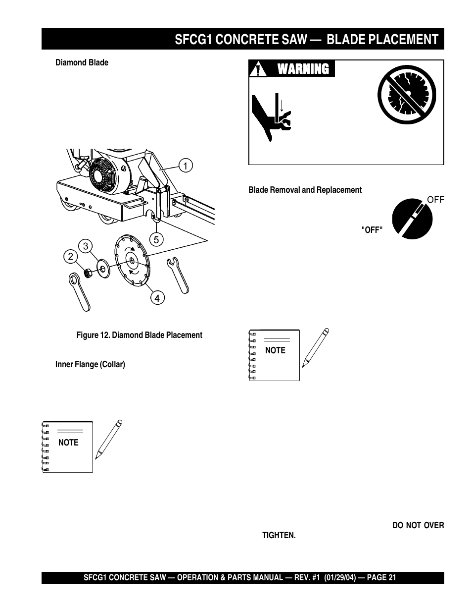 Sfcg1 concrete saw — blade placement, Warning | Multiquip SFCG1 SERIES CE User Manual | Page 21 / 84