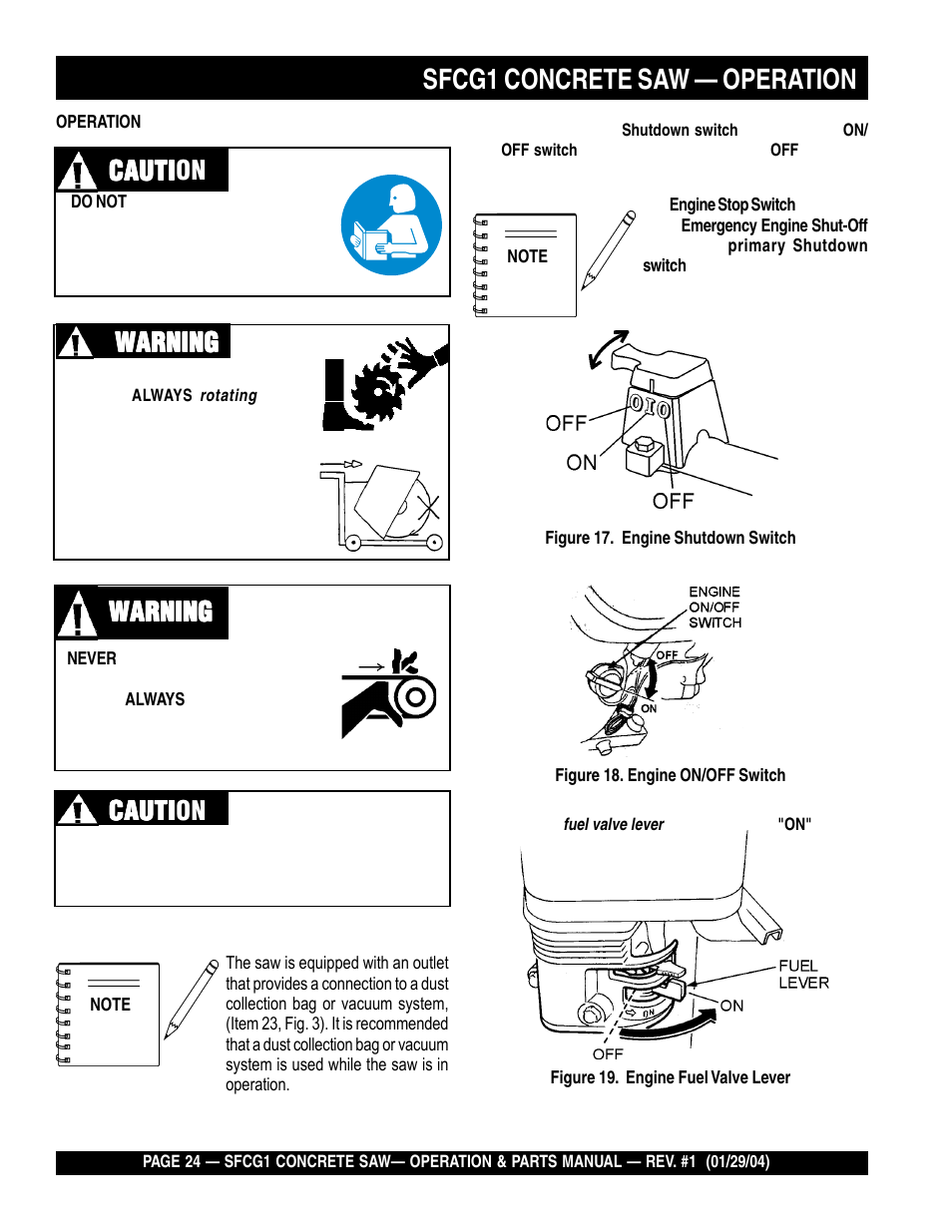 Sfcg1 concrete saw — operation, Warning, Cauti | Cauti caution | Multiquip SFCG1 SERIES CE User Manual | Page 24 / 84