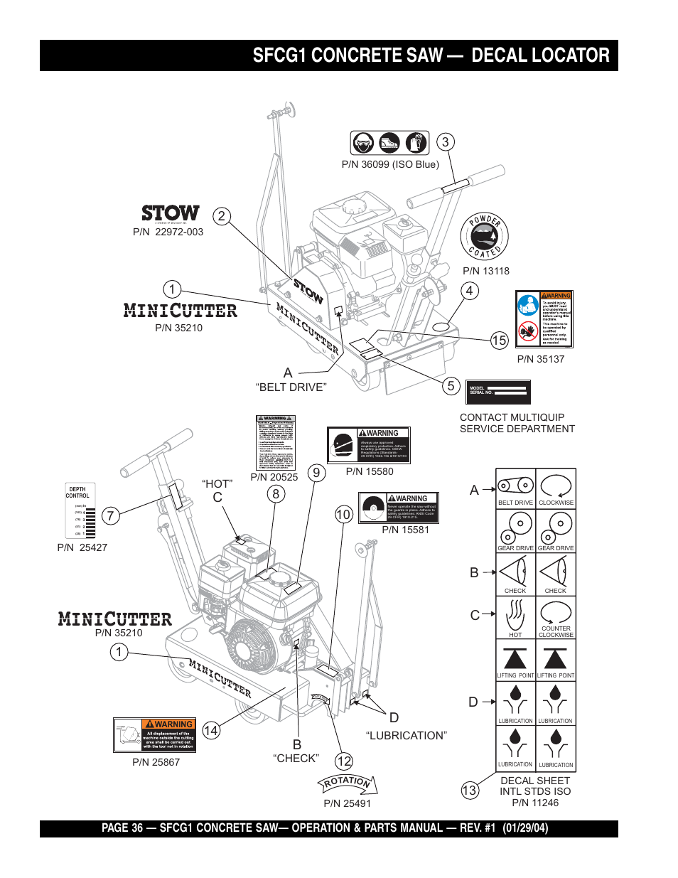 Ini utter, Sfcg1 concrete saw, Dc d | Cb b a a, Decal locator | Multiquip SFCG1 SERIES CE User Manual | Page 36 / 84