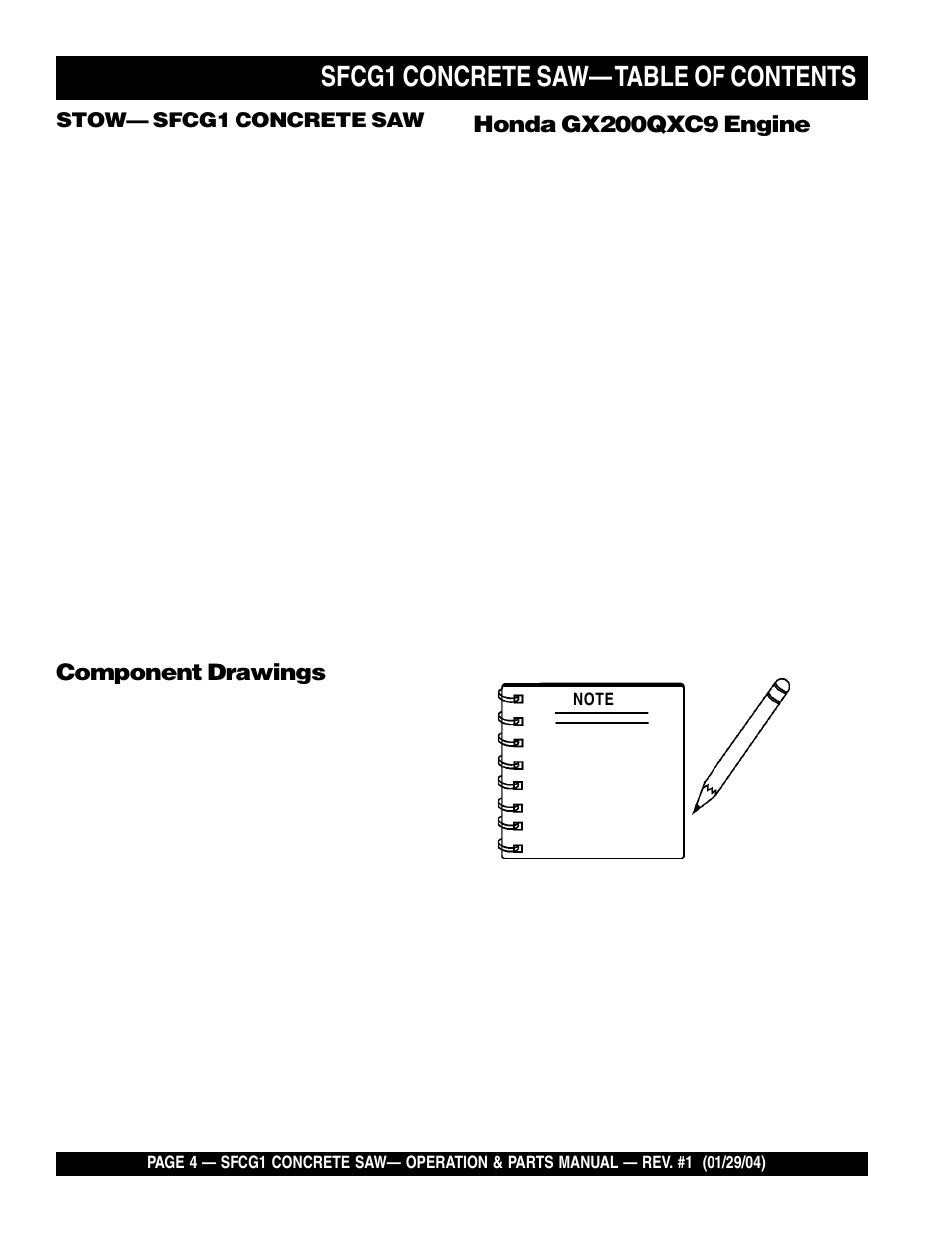 Sfcg1 concrete saw— table of contents | Multiquip SFCG1 SERIES CE User Manual | Page 4 / 84