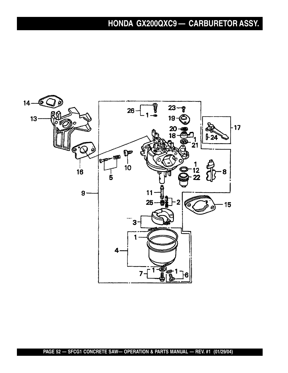 Honda gx200qxc9, Carburetor assy | Multiquip SFCG1 SERIES CE User Manual | Page 52 / 84