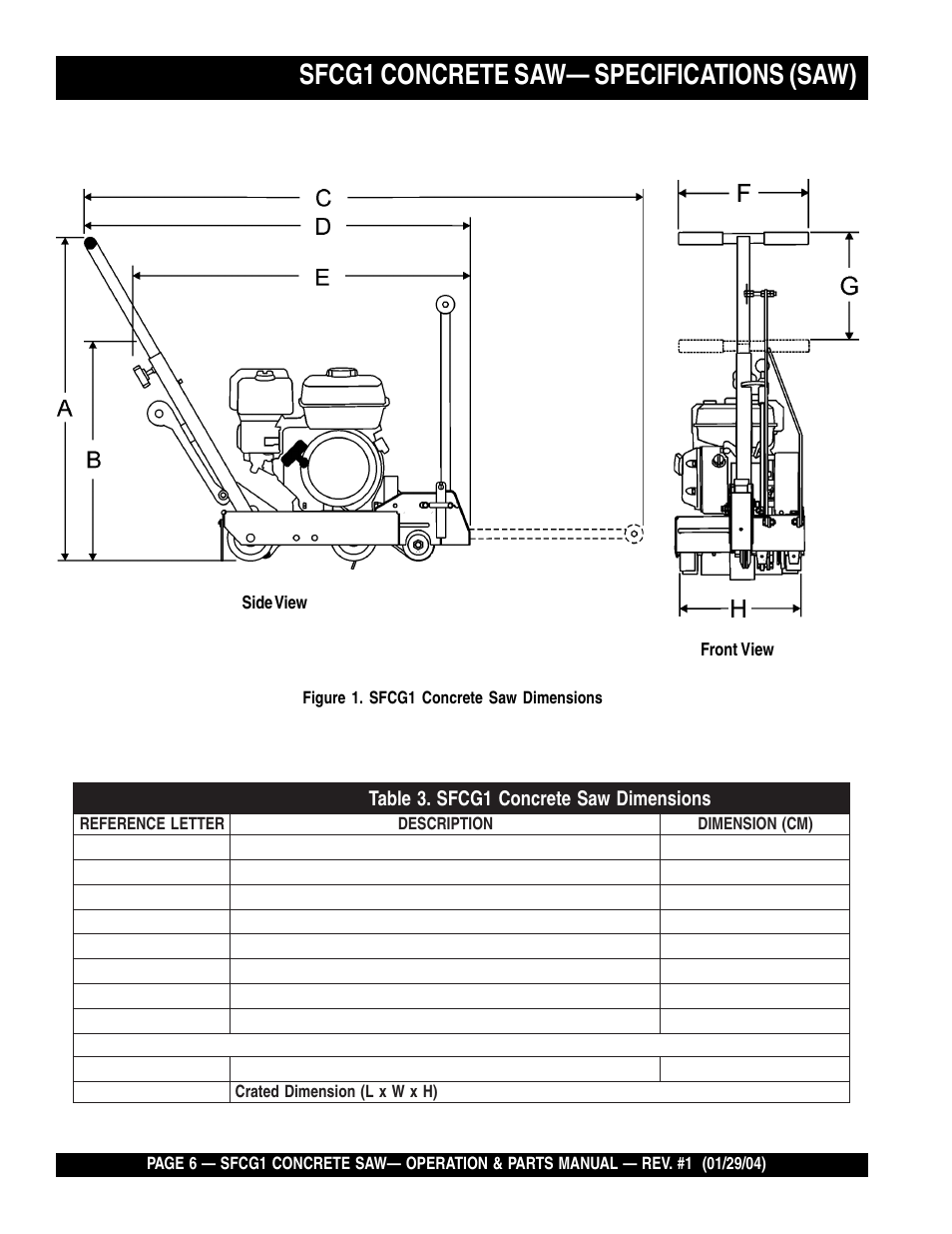 Sfcg1 concrete saw— specifications (saw) | Multiquip SFCG1 SERIES CE User Manual | Page 6 / 84
