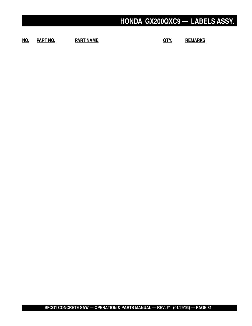 Honda gx200qxc9, Labels assy | Multiquip SFCG1 SERIES CE User Manual | Page 81 / 84