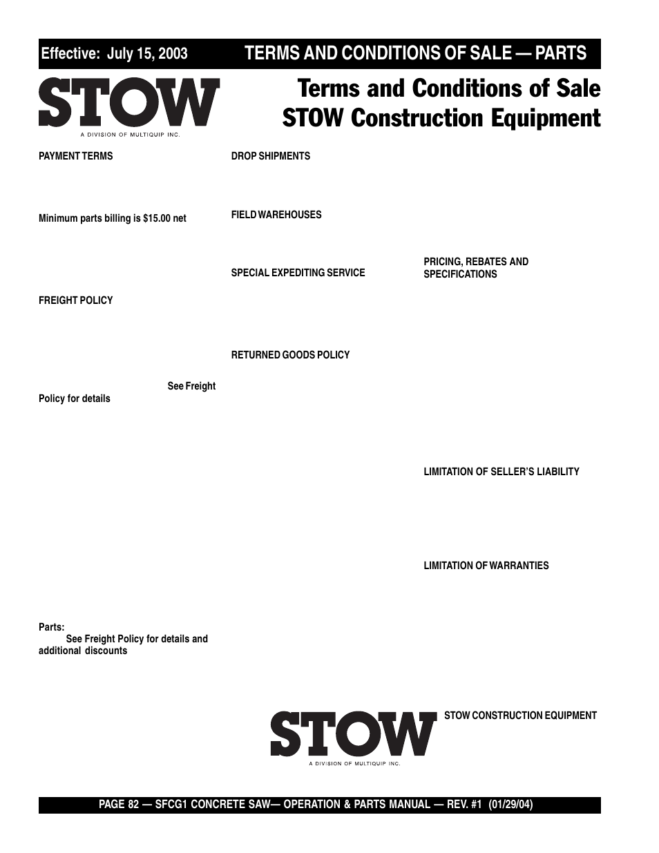 Terms and conditions of sale — parts | Multiquip SFCG1 SERIES CE User Manual | Page 82 / 84