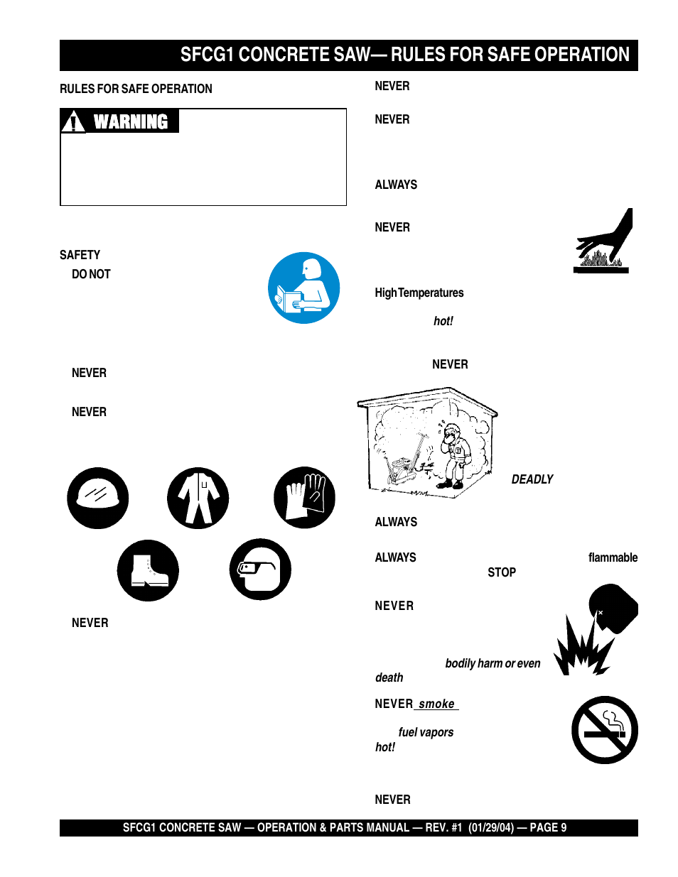 Sfcg1 concrete saw— rules for safe operation, Warning | Multiquip SFCG1 SERIES CE User Manual | Page 9 / 84