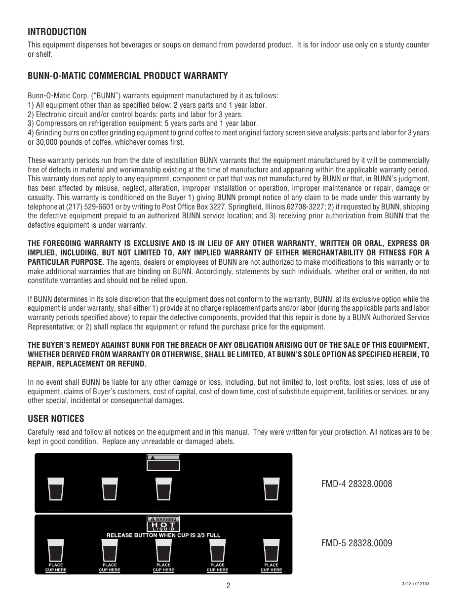 Introduction, Bunn-o-matic commercial product warranty, User notices | Bunn FMD-5 User Manual | Page 2 / 45