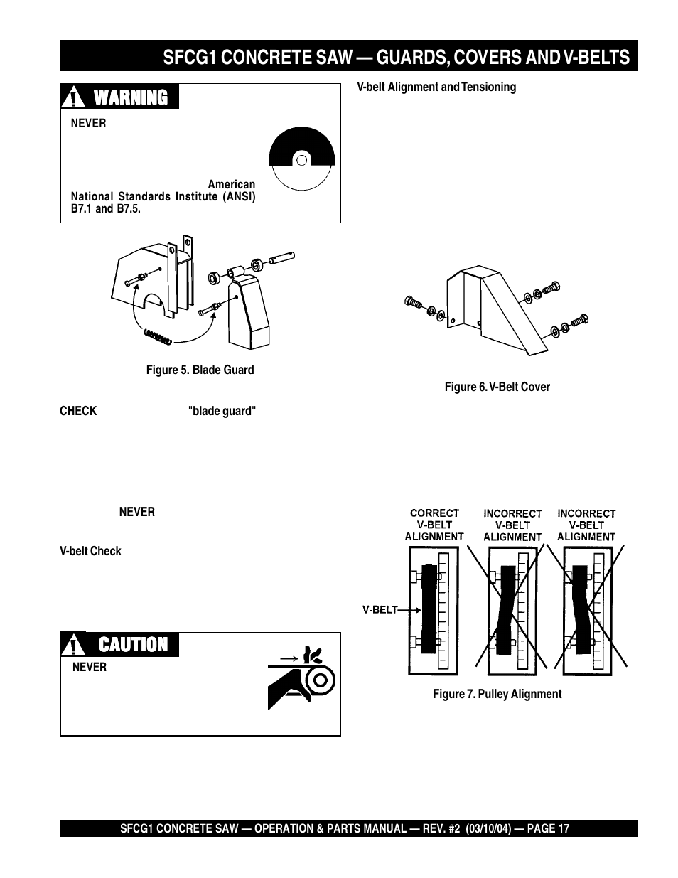 Sfcg1 concrete saw — guards, covers and v-belts, Caution, Caution warning warning warning warning warning | Multiquip SFCG1 SERIES User Manual | Page 17 / 84
