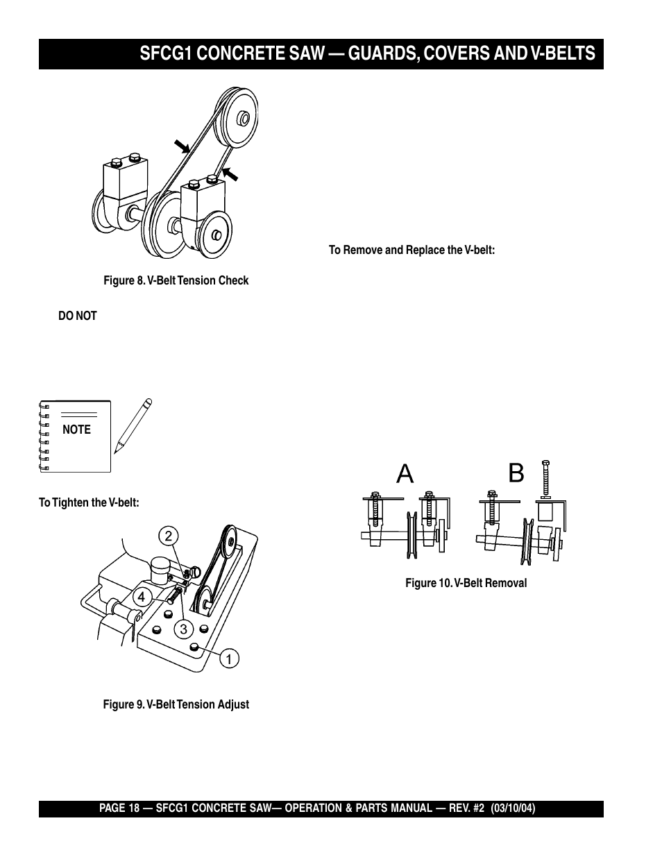 Sfcg1 concrete saw — guards, covers and v-belts | Multiquip SFCG1 SERIES User Manual | Page 18 / 84