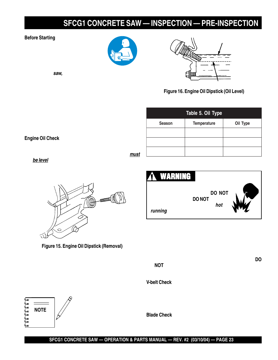 Sfcg1 concrete saw — inspection — pre-inspection, Warning | Multiquip SFCG1 SERIES User Manual | Page 23 / 84