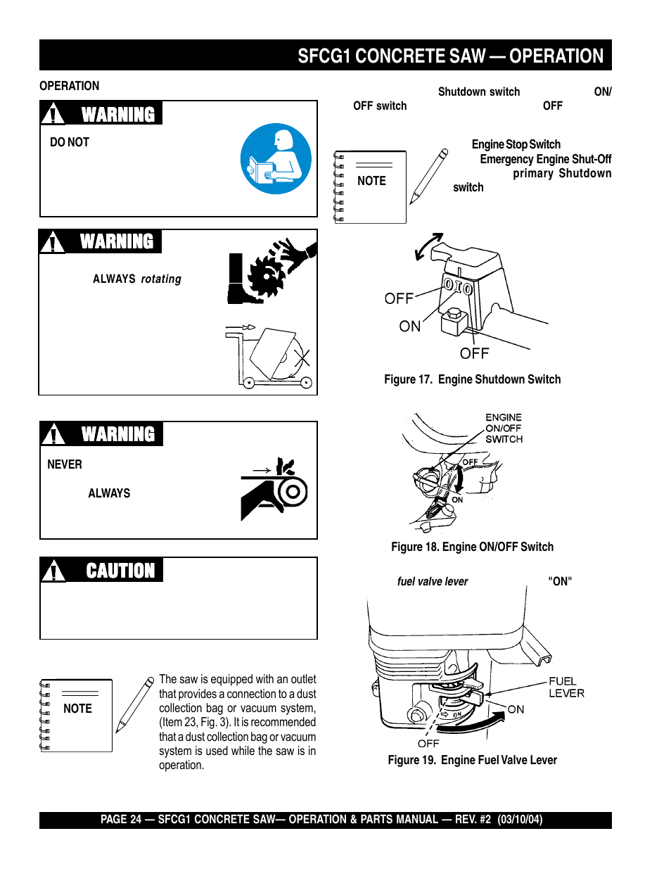 Sfcg1 concrete saw — operation, Warning, Warning caution caution caution caution caution | Multiquip SFCG1 SERIES User Manual | Page 24 / 84