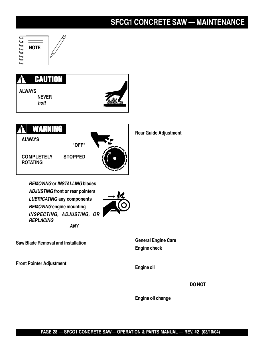 Sfcg1 concrete saw — maintenance, Caution, Caution warning warning warning warning warning | Multiquip SFCG1 SERIES User Manual | Page 28 / 84