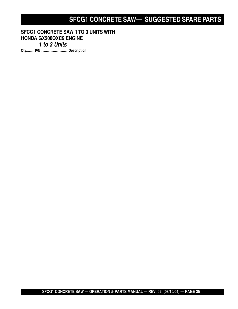 Sfcg1 concrete saw, Suggested spare parts | Multiquip SFCG1 SERIES User Manual | Page 35 / 84