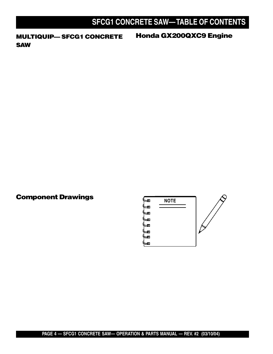 Sfcg1 concrete saw— table of contents | Multiquip SFCG1 SERIES User Manual | Page 4 / 84