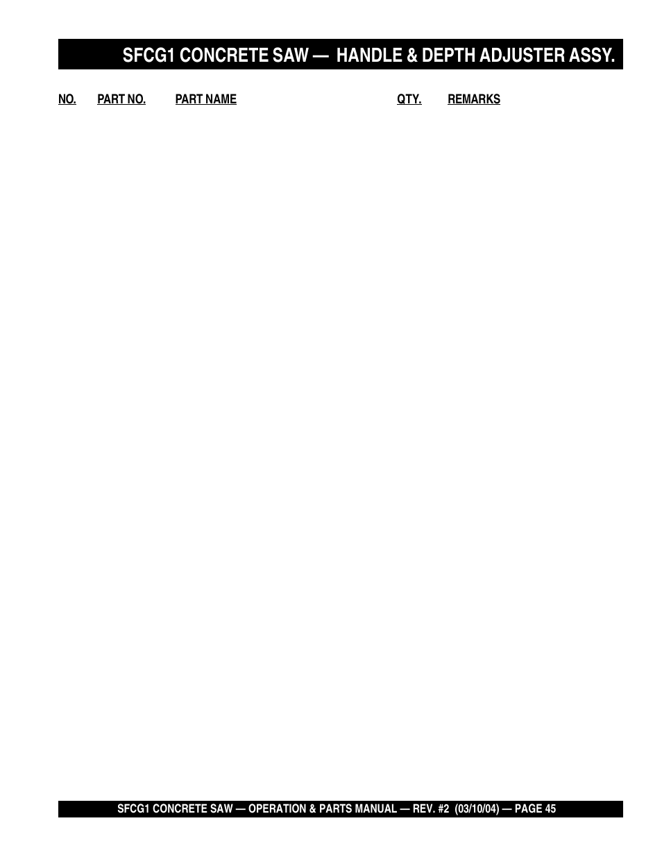 Sfcg1 concrete saw, Handle & depth adjuster assy | Multiquip SFCG1 SERIES User Manual | Page 45 / 84