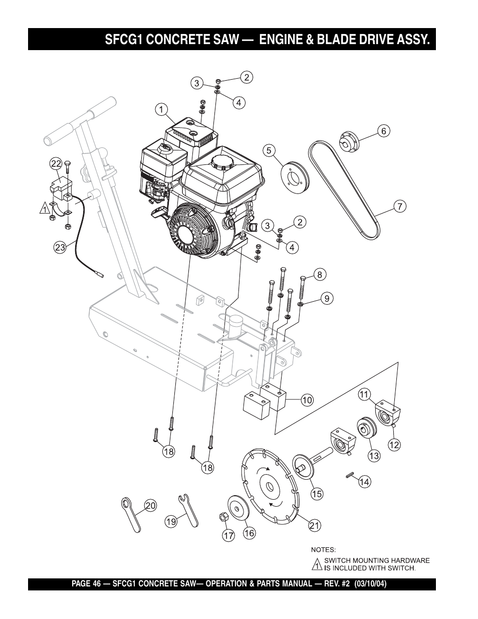 Sfcg1 concrete saw, Engine & blade drive assy | Multiquip SFCG1 SERIES User Manual | Page 46 / 84