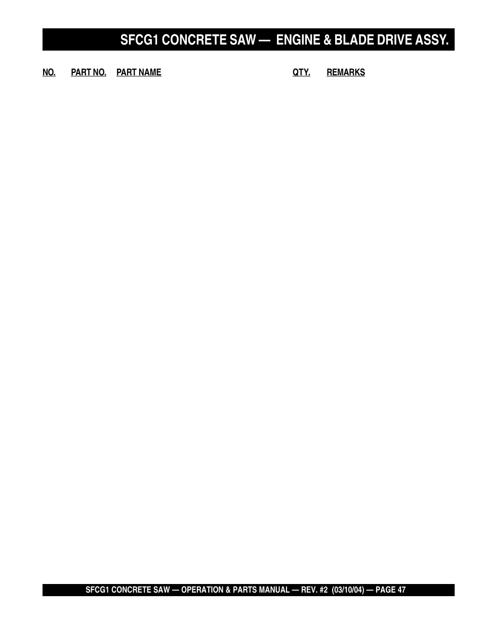 Sfcg1 concrete saw, Engine & blade drive assy | Multiquip SFCG1 SERIES User Manual | Page 47 / 84