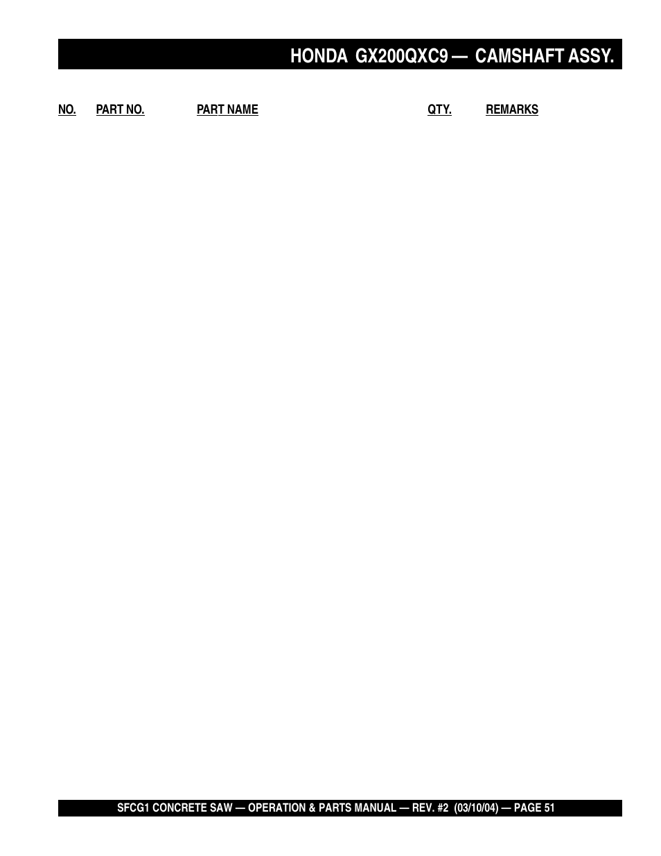 Honda gx200qxc9, Camshaft assy | Multiquip SFCG1 SERIES User Manual | Page 51 / 84