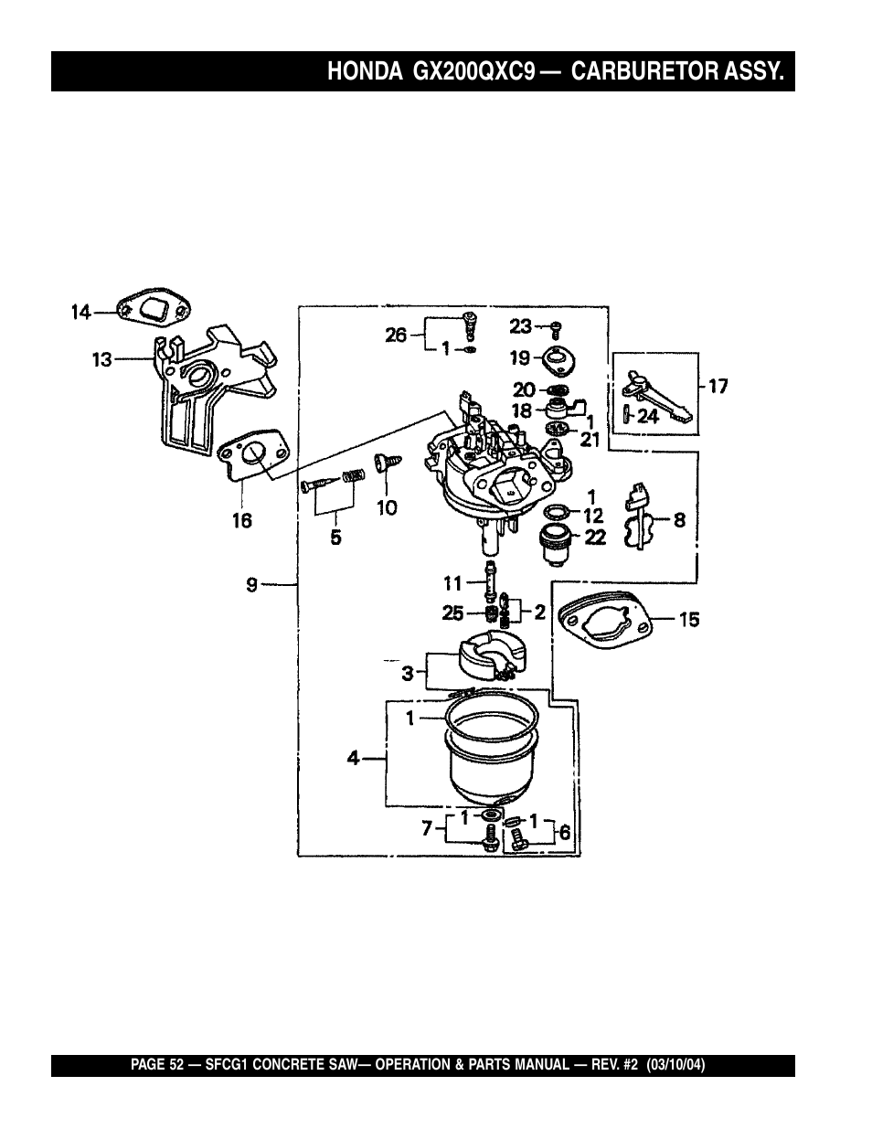 Honda gx200qxc9, Carburetor assy | Multiquip SFCG1 SERIES User Manual | Page 52 / 84
