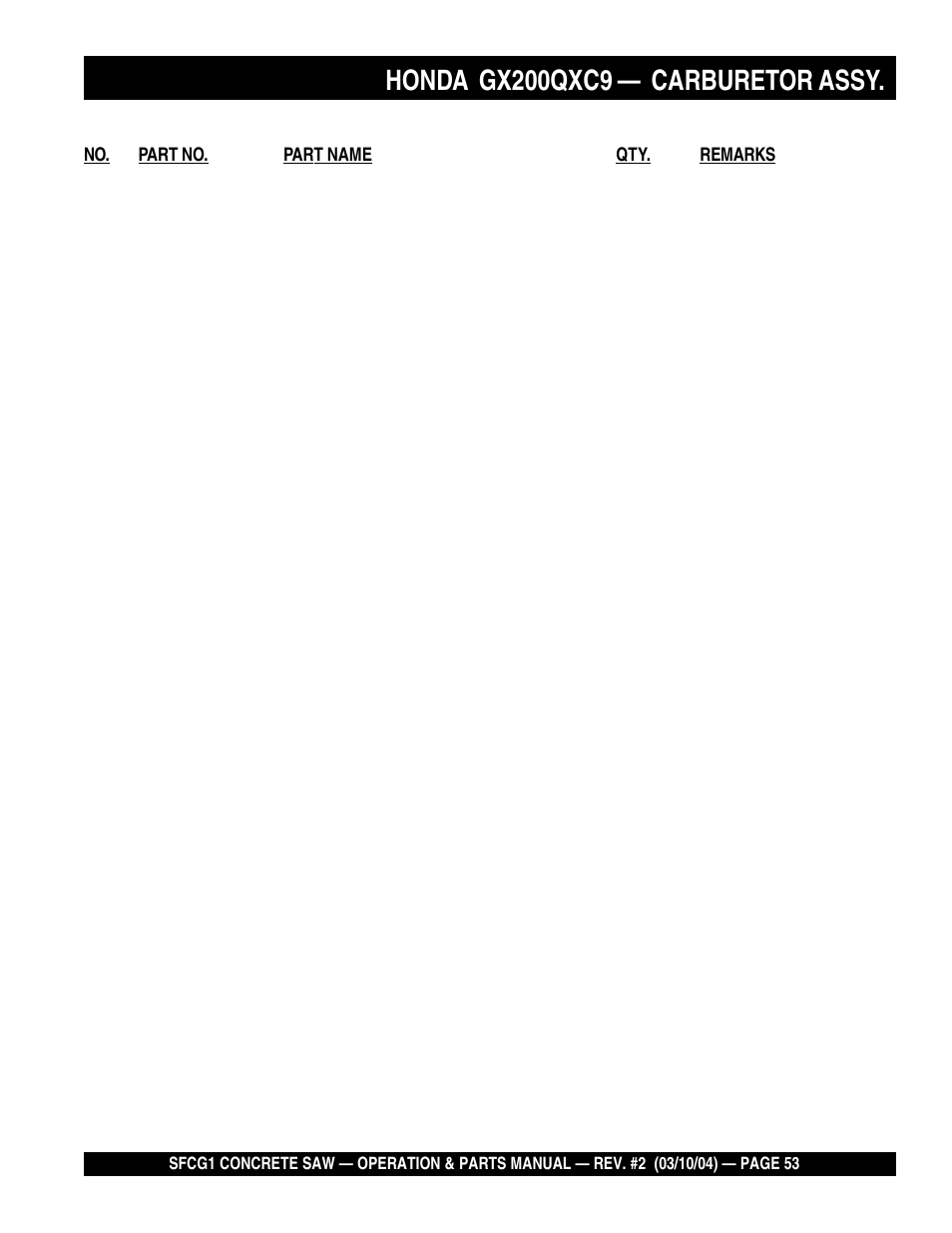 Honda gx200qxc9, Carburetor assy | Multiquip SFCG1 SERIES User Manual | Page 53 / 84