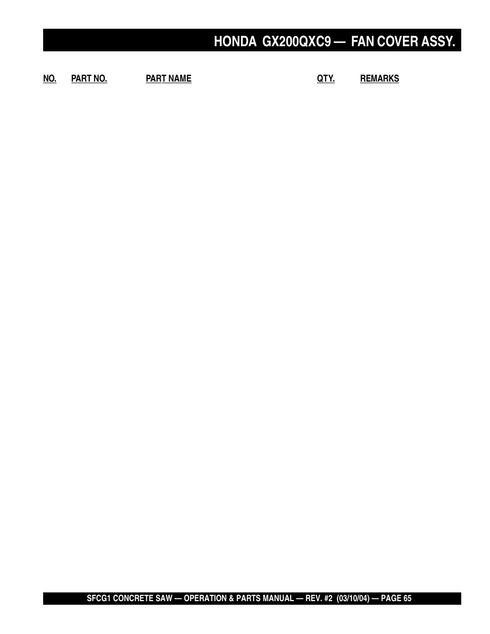 Honda gx200qxc9, Fan cover assy | Multiquip SFCG1 SERIES User Manual | Page 65 / 84