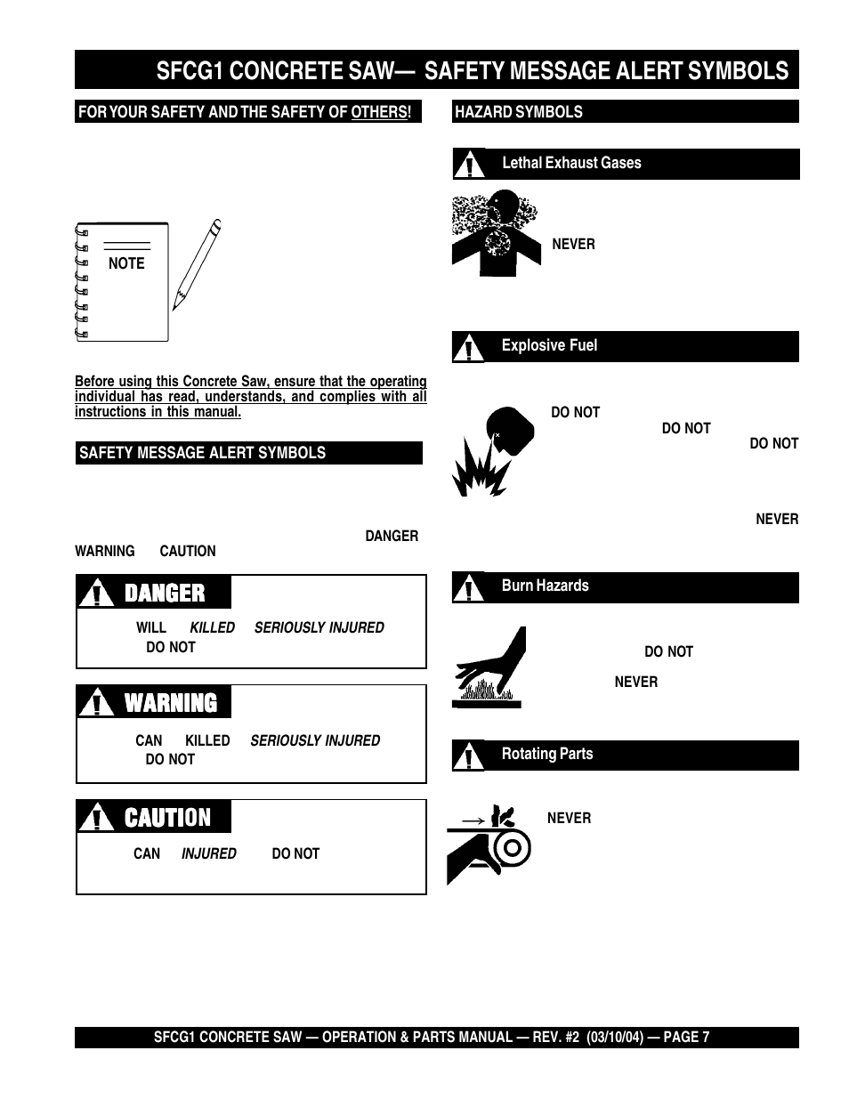 Sfcg1 concrete saw— safety message alert symbols, Cauti | Multiquip SFCG1 SERIES User Manual | Page 7 / 84