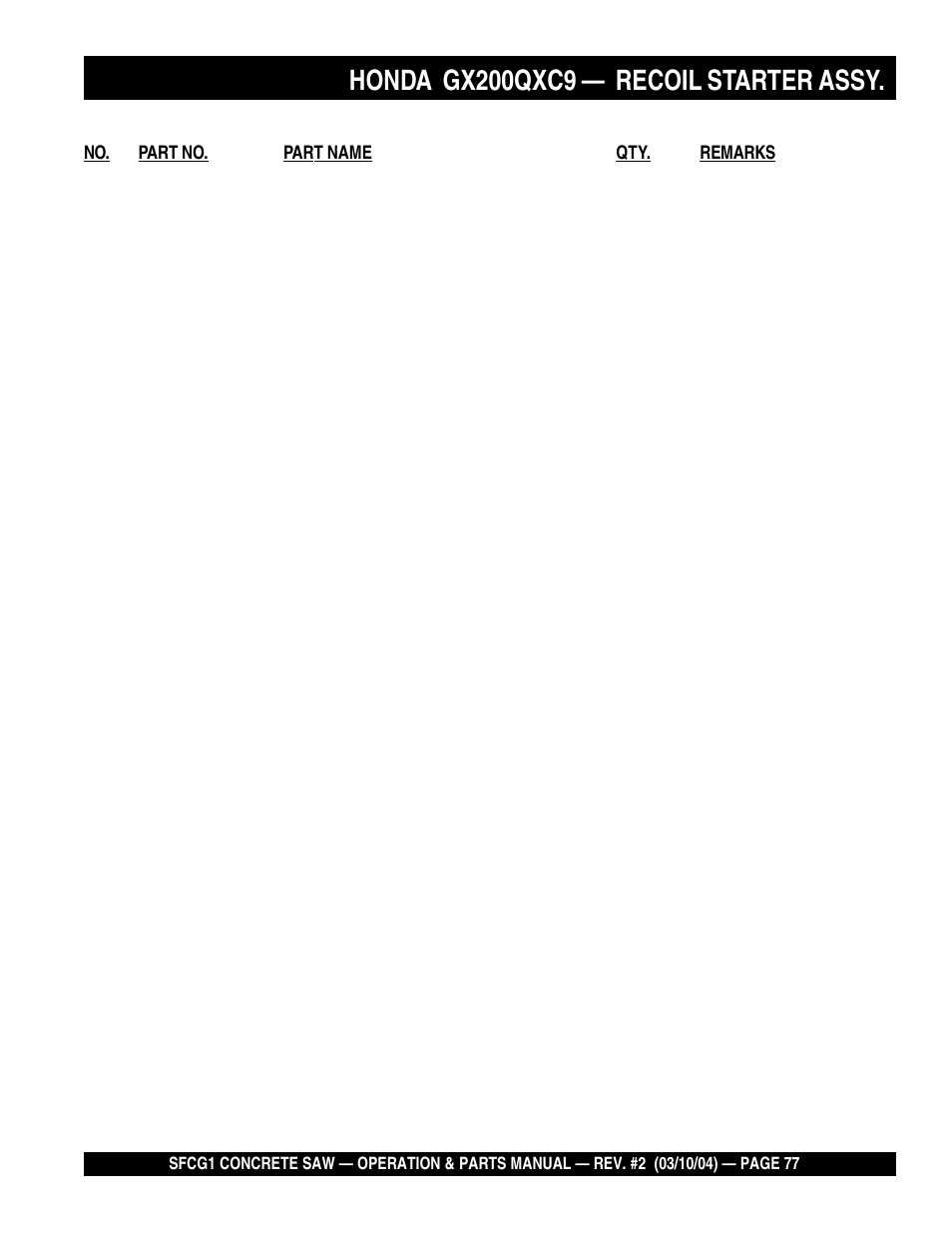 Honda gx200qxc9, Recoil starter assy | Multiquip SFCG1 SERIES User Manual | Page 77 / 84