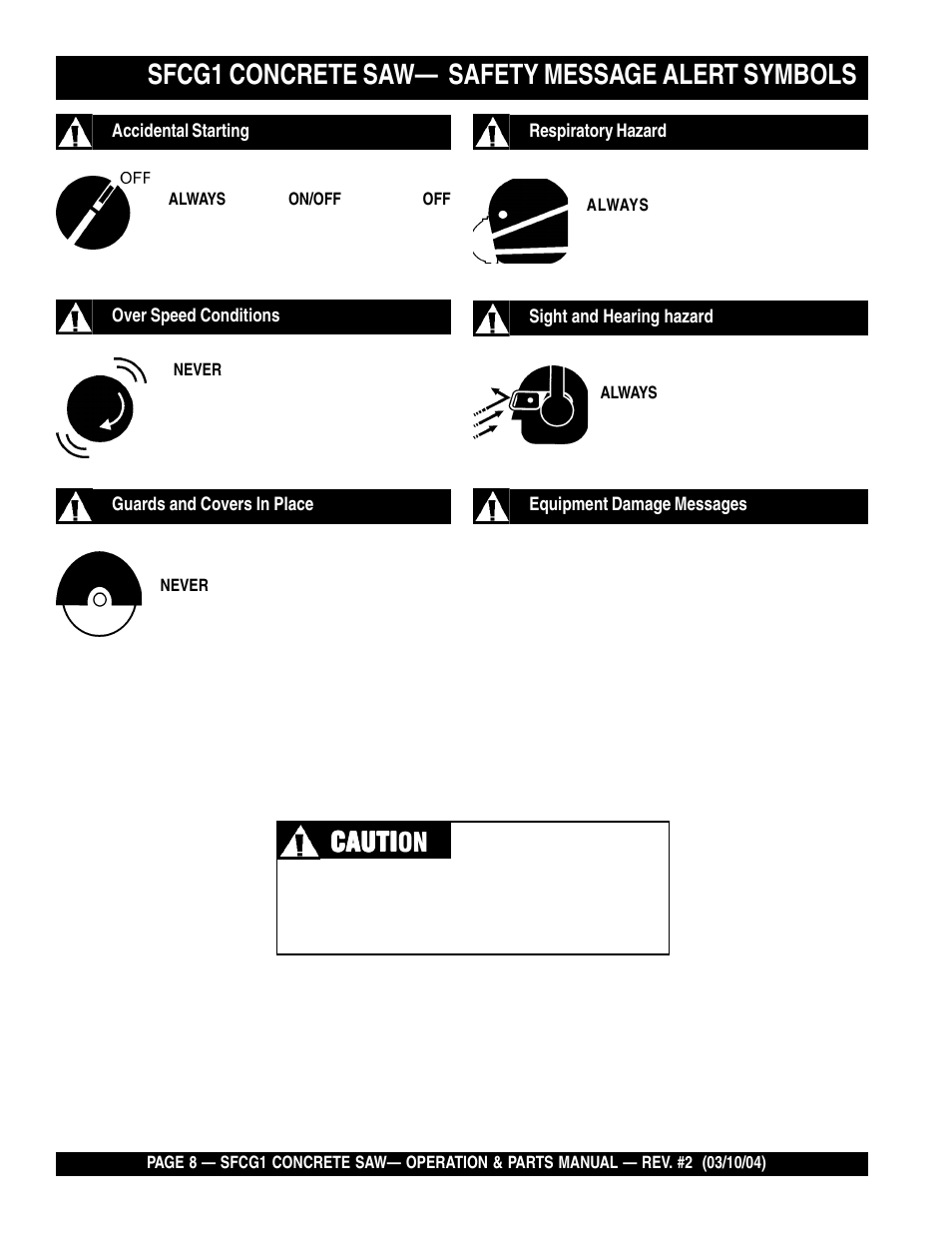 Sfcg1 concrete saw— safety message alert symbols, Cauti, Cauti caution | Multiquip SFCG1 SERIES User Manual | Page 8 / 84