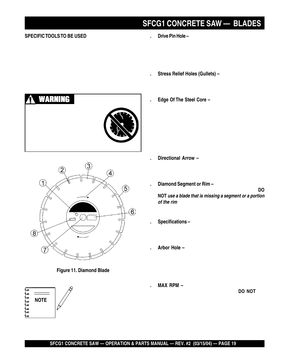 Sfcg1 concrete saw — blades, Warning | Multiquip SFCG1 SERIES User Manual | Page 19 / 84