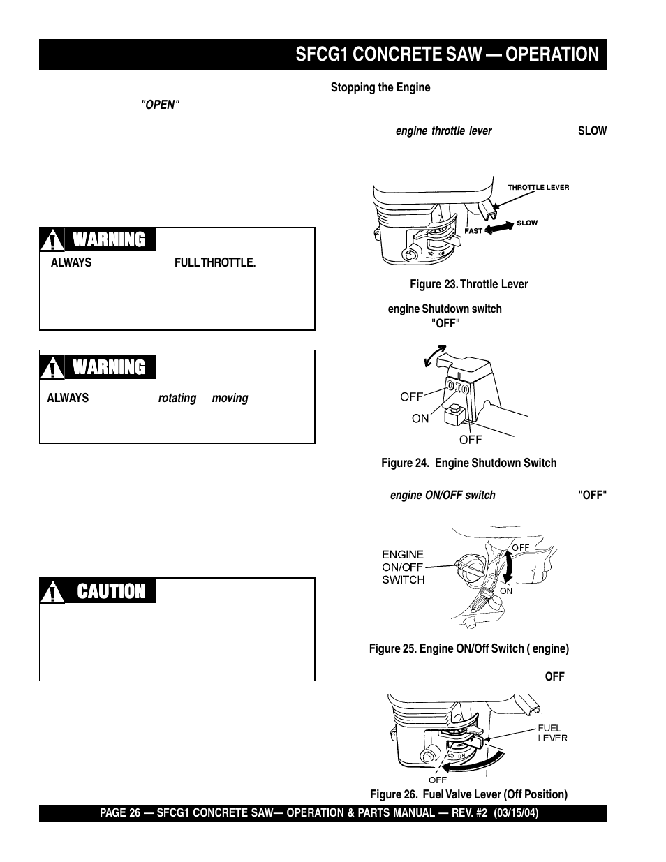 Sfcg1 concrete saw — operation, Warning, Warning caution caution caution caution caution | Multiquip SFCG1 SERIES User Manual | Page 26 / 84