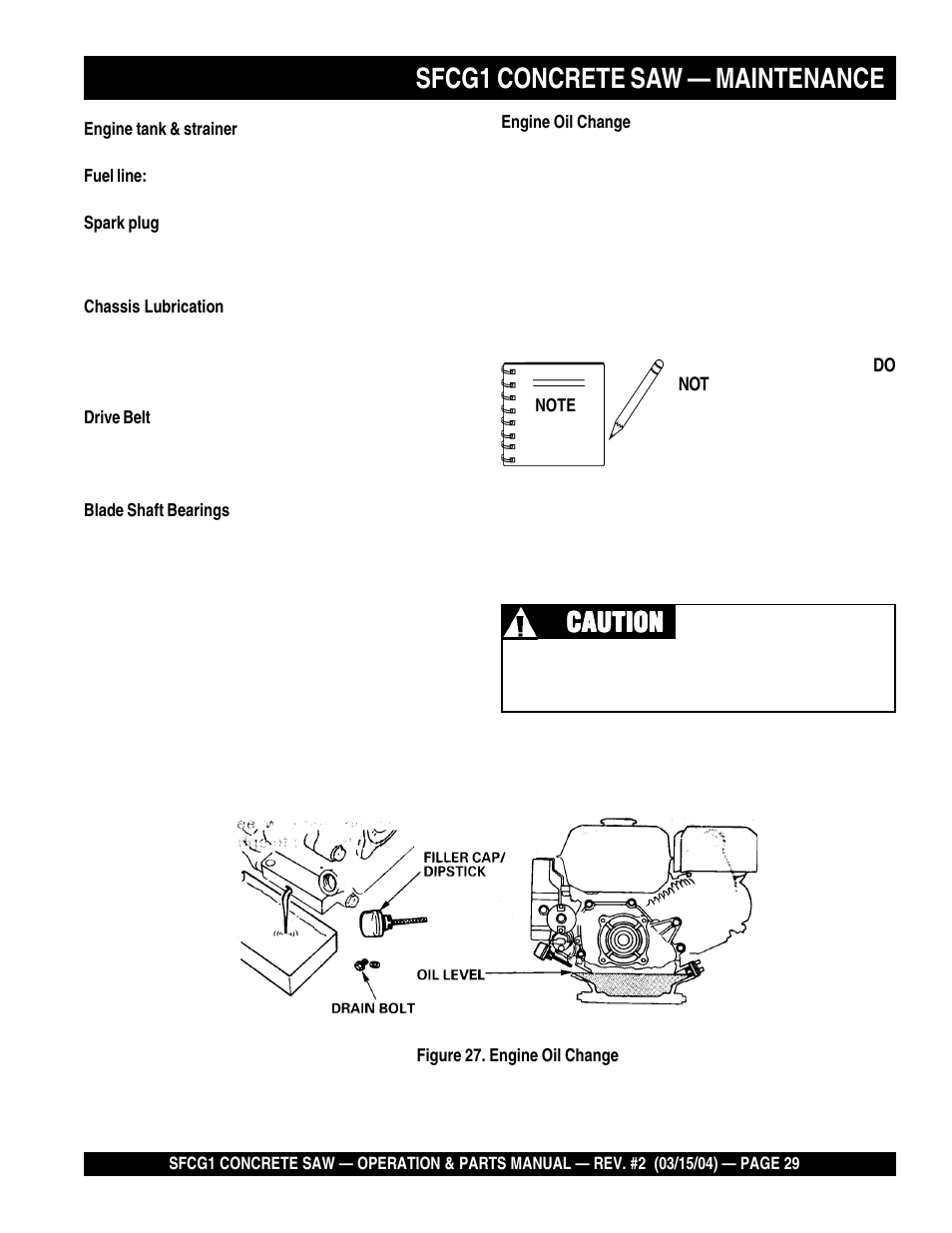 Sfcg1 concrete saw — maintenance, Caution | Multiquip SFCG1 SERIES User Manual | Page 29 / 84