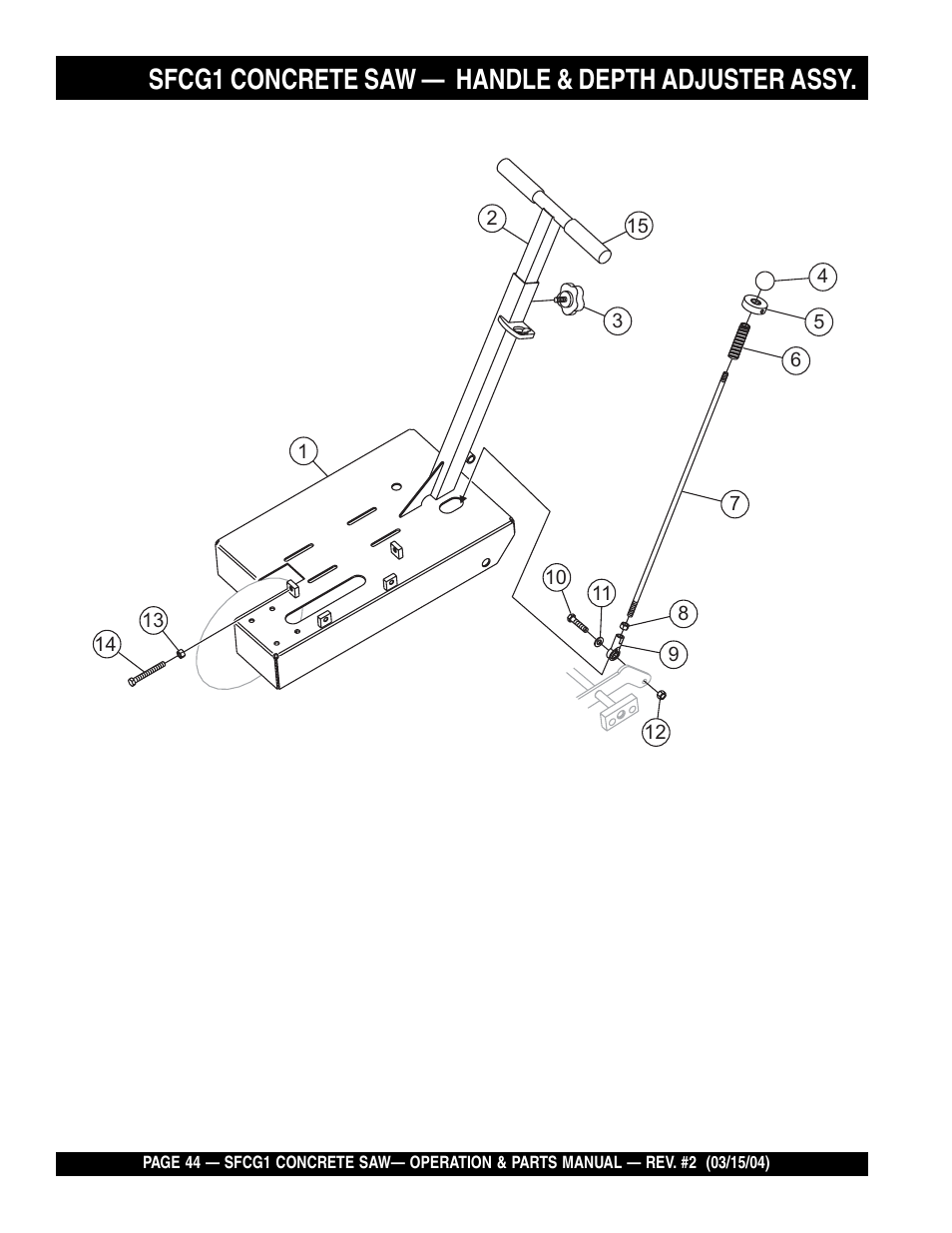 Sfcg1 concrete saw, Handle & depth adjuster assy | Multiquip SFCG1 SERIES User Manual | Page 44 / 84