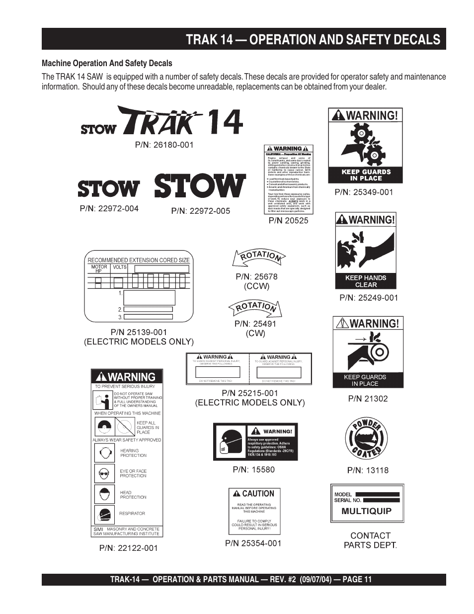 Trak 14 — operation and safety decals | Multiquip MS1420E User Manual | Page 11 / 94