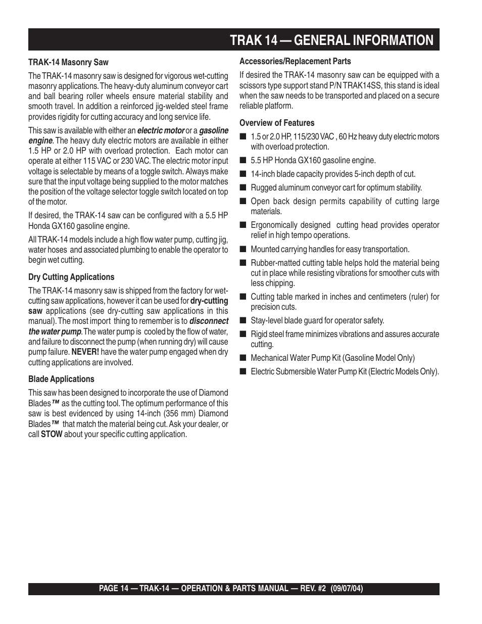 Trak 14 — general information | Multiquip MS1420E User Manual | Page 14 / 94
