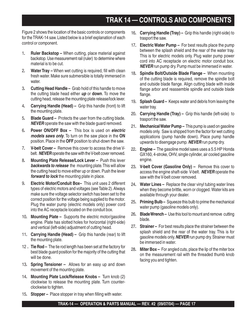 Trak 14 — controls and components | Multiquip MS1420E User Manual | Page 17 / 94