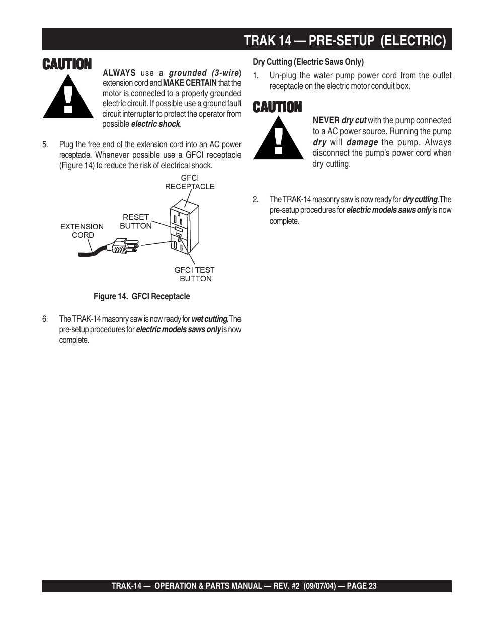 Trak 14 — pre-setup (electric), Caution | Multiquip MS1420E User Manual | Page 23 / 94