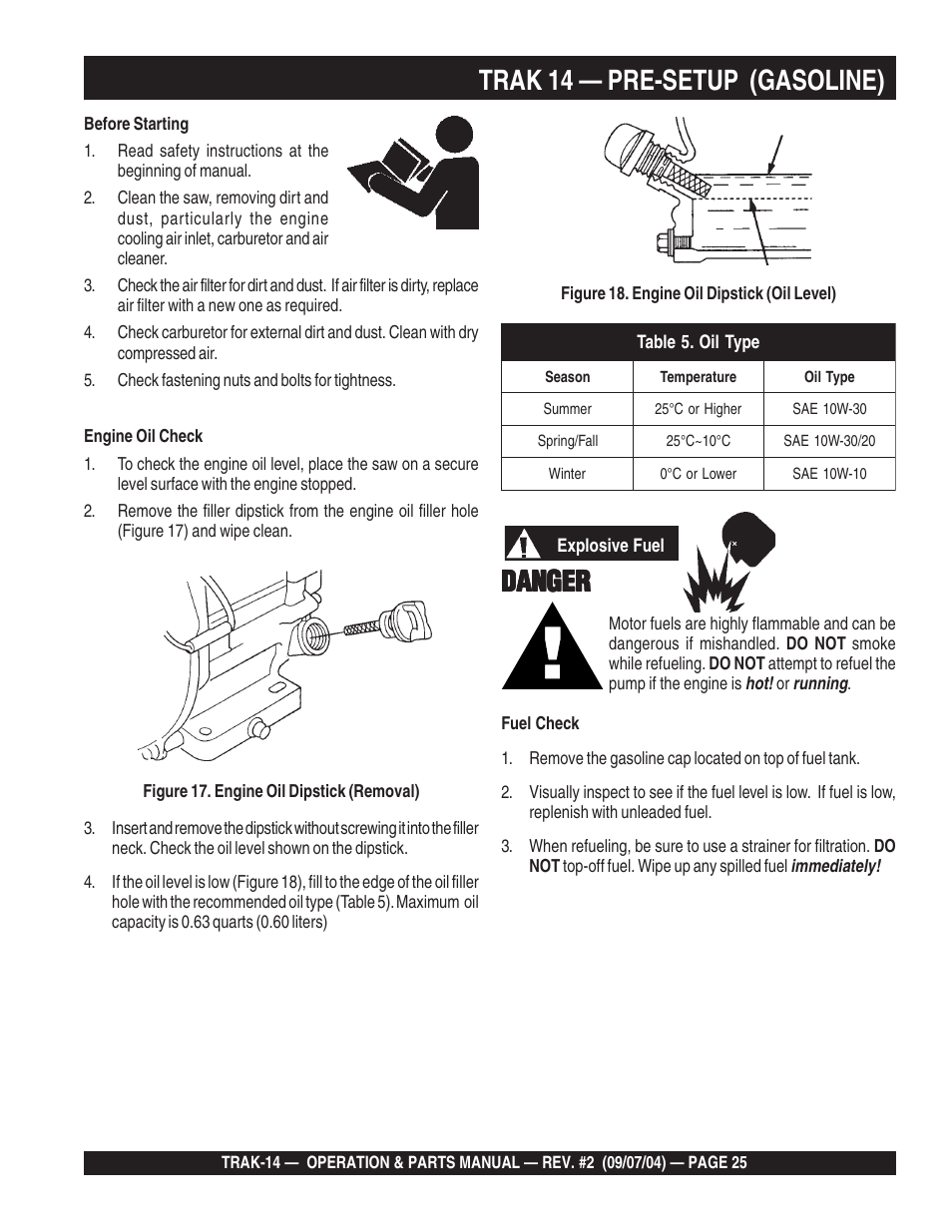 Danger, Trak 14 — pre-setup (gasoline) | Multiquip MS1420E User Manual | Page 25 / 94