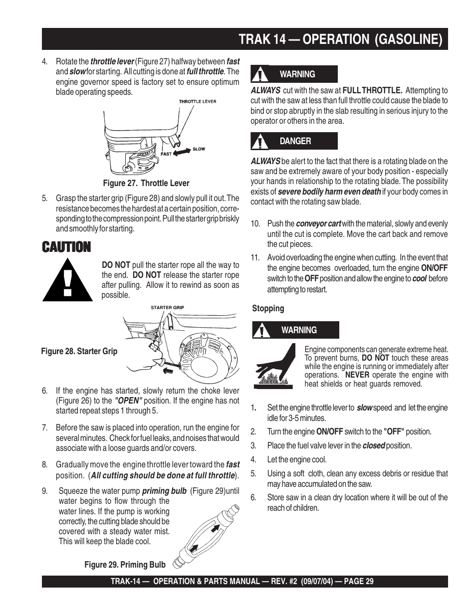 Caution, Trak 14 — operation (gasoline) | Multiquip MS1420E User Manual | Page 29 / 94