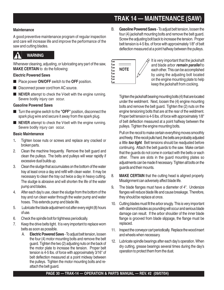 Trak 14 — maintenance (saw) | Multiquip MS1420E User Manual | Page 30 / 94